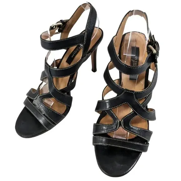 ANN TAYLOR! BLACK GENUINE FINE LEATHER, CONTRAST STITCHED STRAPPY HEELS! SZ 7M