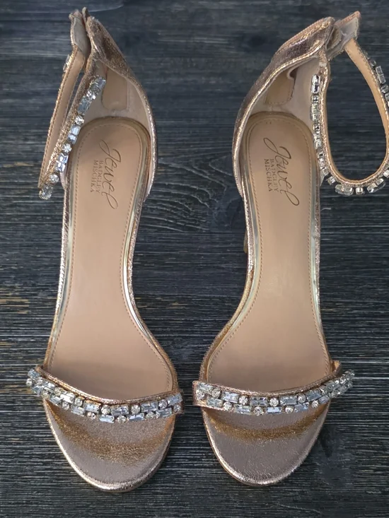 Jewel Badgley Mischka Rose Gold Embellished Ankle-Strap Sandals