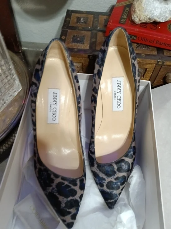 Jimmy Choo Blue and Black Leopard-Print Pointed Toe Pumps