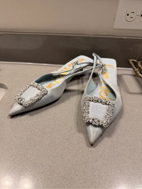 Sam Edelman Silver Satin Pointed Slingback Flats with Crystal Buckle