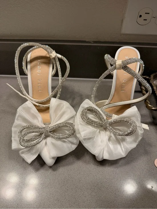 Gianni Bini White Satin Bow Heels with Crystal Bow Accent