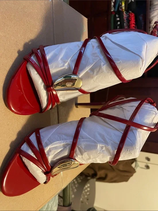Vince Camuto Red Patent Strappy High-Heel Sandals with Gold Accent