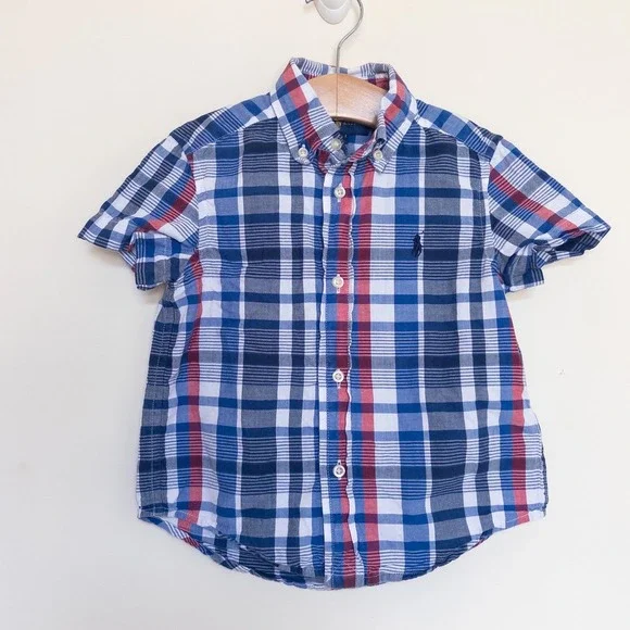 Ralph Lauren Plaid Button Down Shirt Blue White Red Short Sleeve Toddler 2T