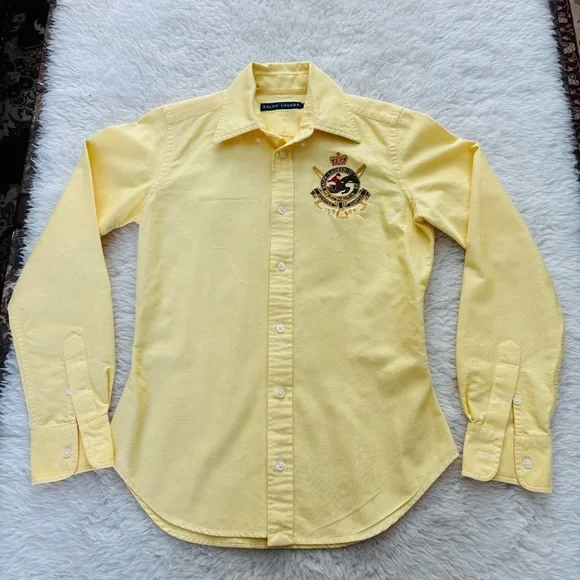 Ralph Lauren Yellow Embroidered Crest Button-Down Girls Kids Shirt size 7