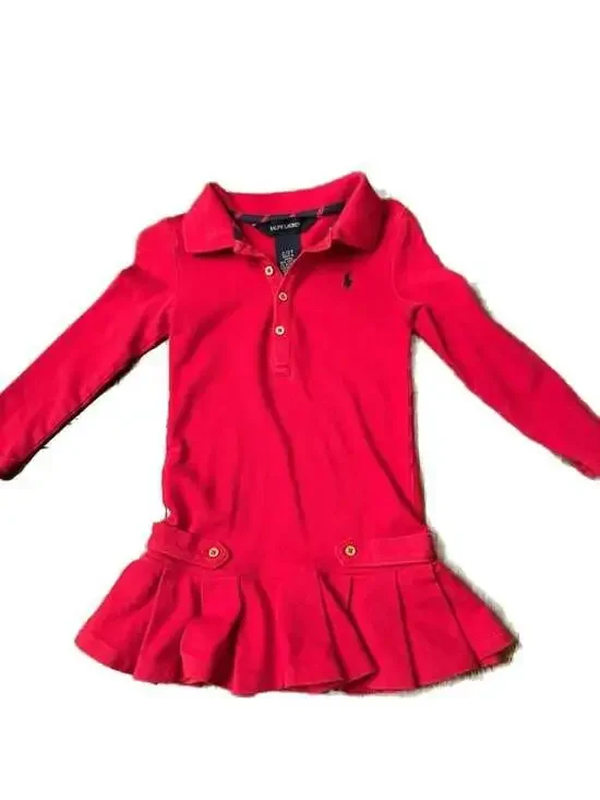 Ralph Lauren Girls red  Stretch Cotton Mesh Long-Sleeve Polo Dress