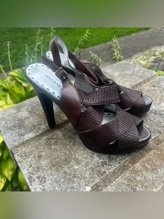 Gianni Bini Brown Snakeskin Leather Platform Slingback Peep Toe Heels Pumps Sz 7