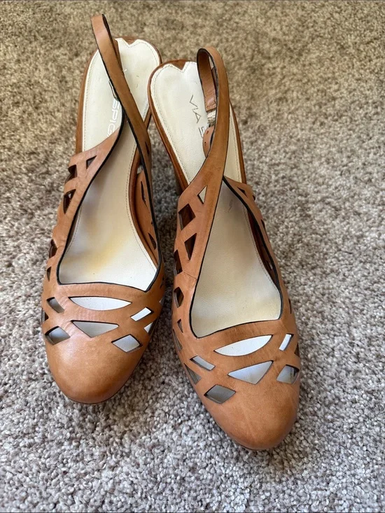 Via Spiga Cognac tan Leather Cutout Slingback Heels