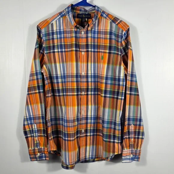 Ralph Lauren Boys XL 18-20 Orange Blue Plaid Long Sleeve Button Down Shirt Pony