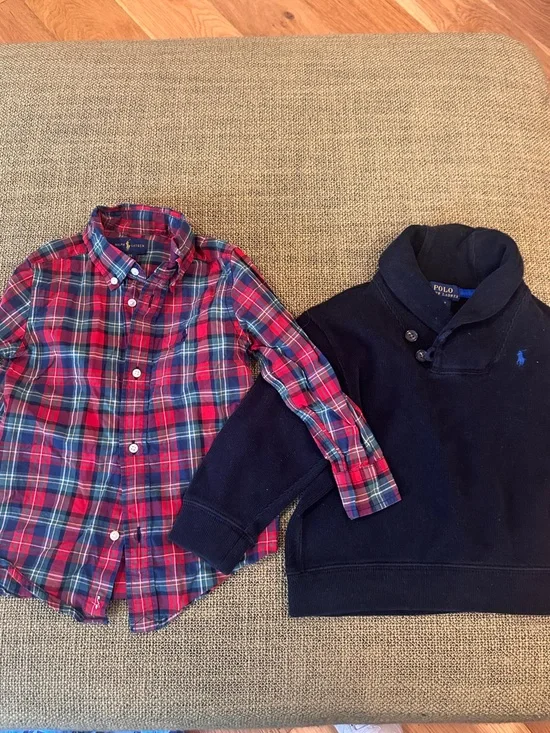 *2 Piece Bundle Polo Ralph Lauren Red Navy Plaid Button Down Shirt Pullover
