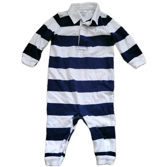 Ralph Lauren Baby Rugby Romper 9M Blue‎ White Striped Polo One Piece