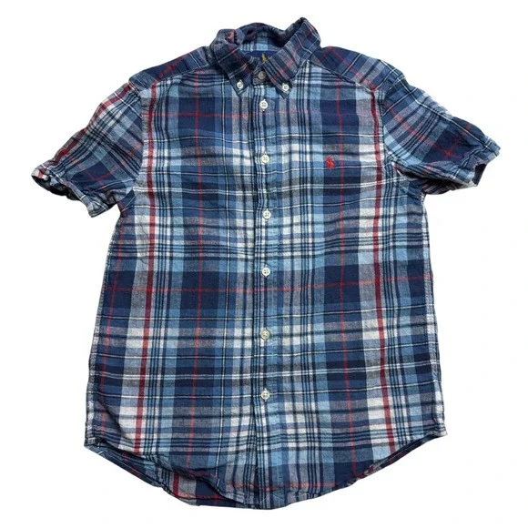 Ralph Lauren Kids Blue Plaid Linen Cotton Short Sleeve Button Down Shirt M 10-12