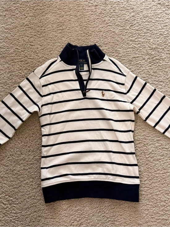 Boys Polo Ralph Lauren Striped Quarter Zip Sweater — Navy & White
