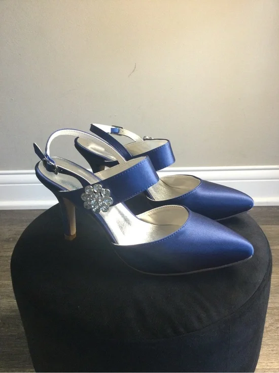 Navy Satin Slingback Heels with Crystal Brooch