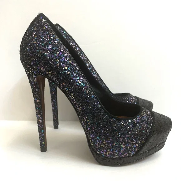 Schutz Fernanda Black & Purple Glitter Cap Toe Platform High Stiletto Heels