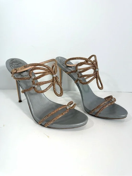 René Caovilla Crystal Butterfly Sandals 40.5 Rose Gold Gray Stiletto Heels Made