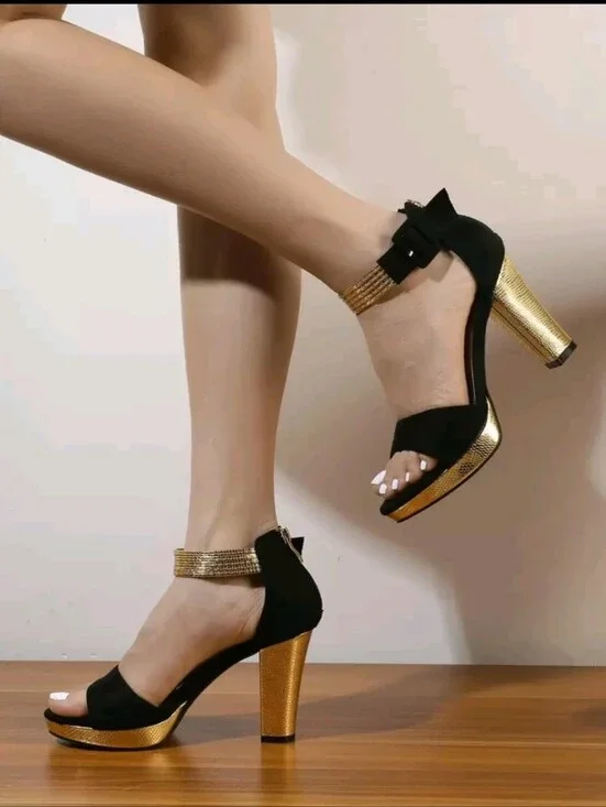 Black and Gold High Heel Ankle-Strap Sandals