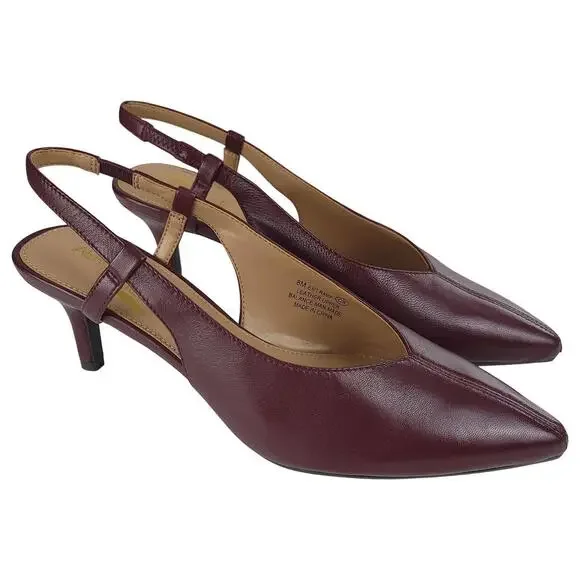NWOB AEROSOLES Exit Ramp Heels 8M Burgundy Leather Slingback Pointed Toe