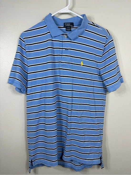 Polo Ralph Lauren Youth XL 18-20 Blue Striped Cotton Polo Shirt Yellow Pony