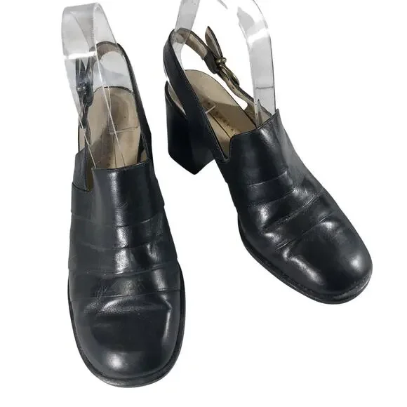APOSTROPHE! LUXE BLACK GENUINE LEATHER SLINGBACK LOAFER STYLE HEELS! SZ 7.5M
