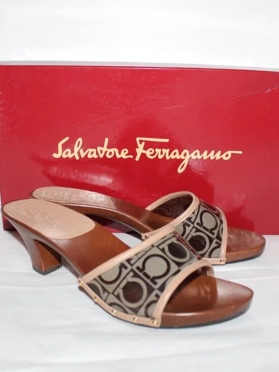 Salvatore Ferragamo Logo Wood Slides Pumps Kitten Heels Sandals 7 B