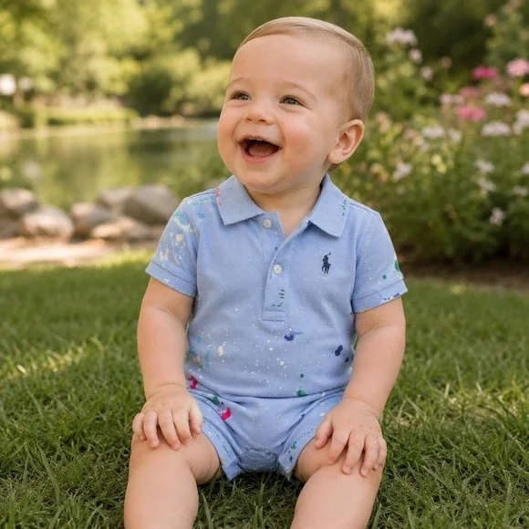 Ralph Lauren Polo Romper Baby Boy Size 3 Months Blue Paint Splatter Preppy NWT