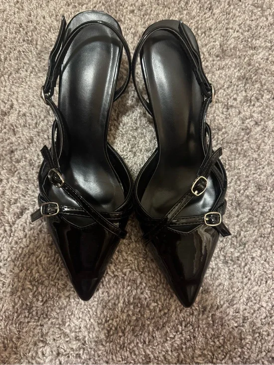 Black Patent Pointed Toe Slingback Kitten Heels with Buckle Straps