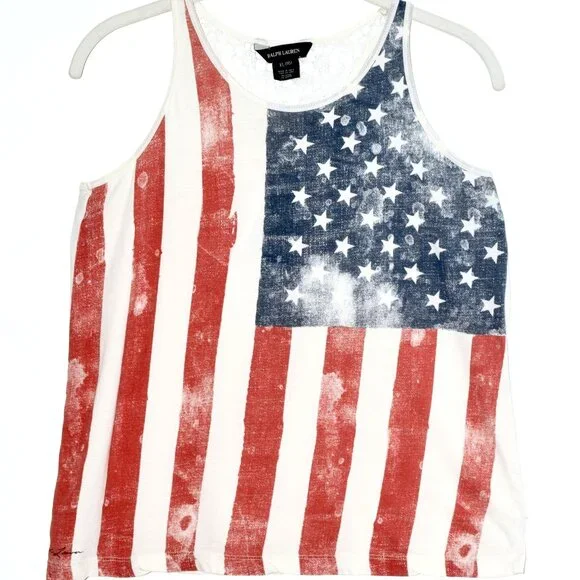 Ralph Lauren USA Stars & Stripes Distressed Flag Tank Top w/Crochet Back…