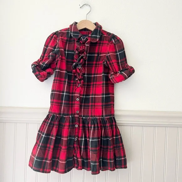 Ralph Lauren Girls Size 5 Red Black Plaid Flannel Button Down Dress Ruffle Trim