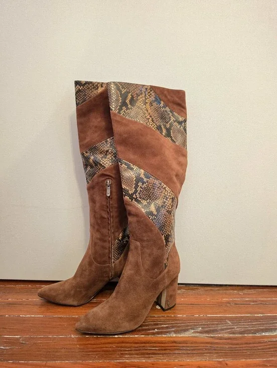 Sam Edelman Brown Suede Over-the-Knee Boots with Snake-Print Panels