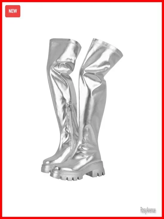Round Toe Low Block Heeled Thigh Boots Zip up Chunky Heels Tread Sole Fashion