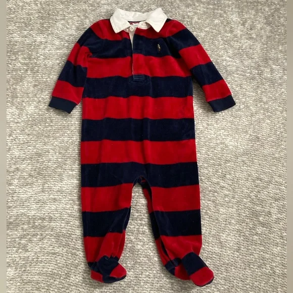 Ralph Lauren‎ Baby Rugby Stripe Velour Footed One Piece 9M Red Navy Classic