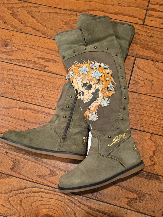 Ed Hardy Olive Green Knee Boots with Orange Floral Skull