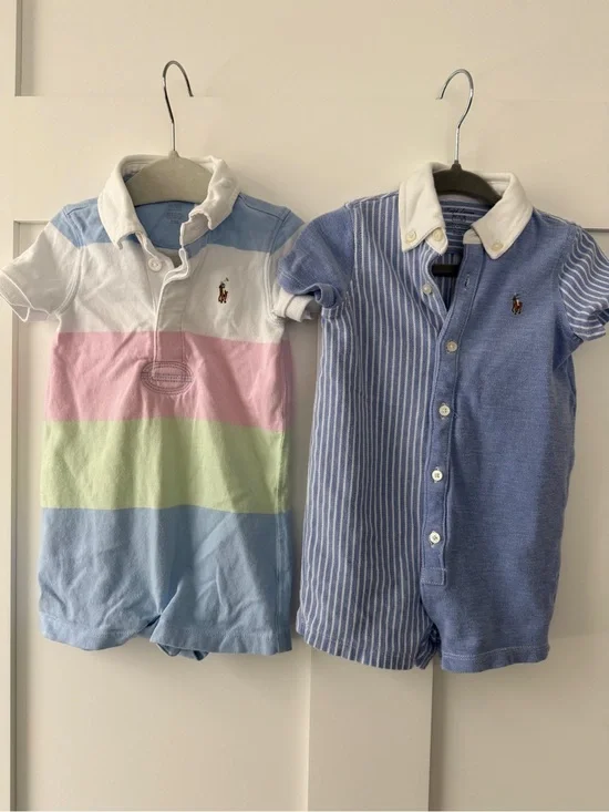 Ralph Lauren Pastel Stripe & Blue Polo Rompers