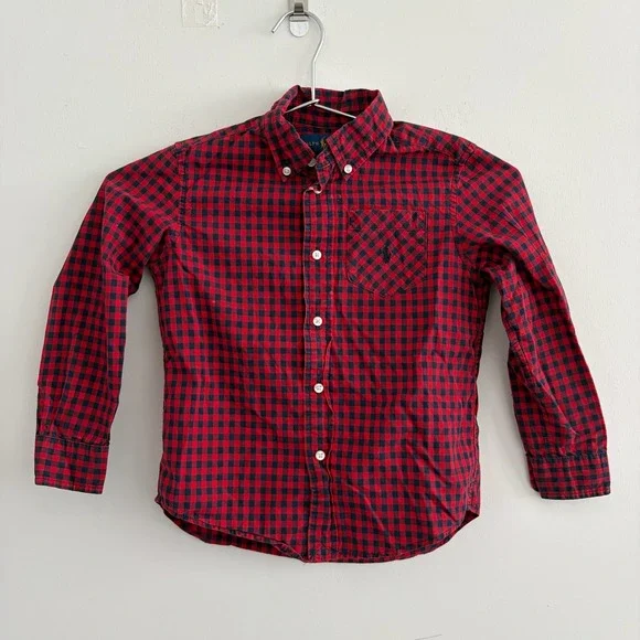 Ralph Lauren Kids Boys Red Navy Gingham Plaid Button Down Shirt Size 5