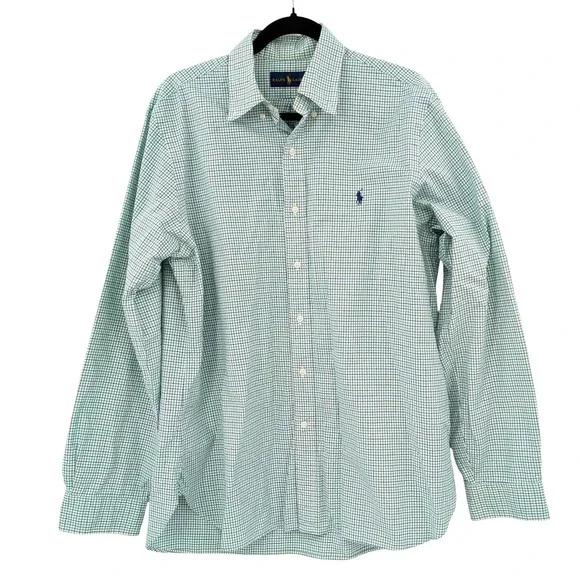Ralph Lauren Boys Green Blue Gingham Preppy Button‎ Down Shirt Size 16