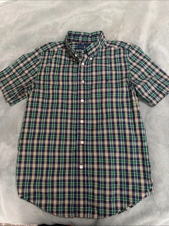 Ralph Lauren Green Navy Plaid Short-Sleeve Button-Down Shirt