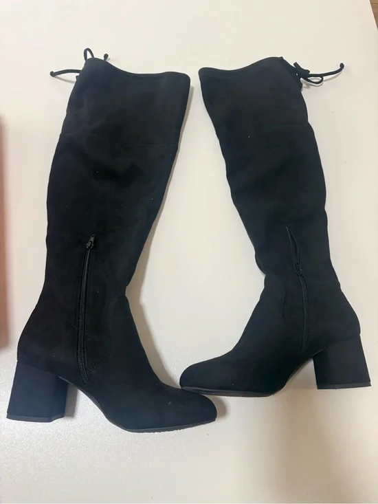 Kelly & Katie Black Suede-Look Over-the-Knee Block Heel Boots