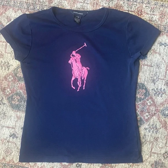 Ralph Lauren Navy Short-Sleeve Tee with Pink Horse Polo Logo 100% Cotton
