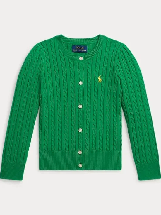 Ralph Lauren Emerald Green 100% Cotton Cable-Knit Cardigan with Pony Logo
