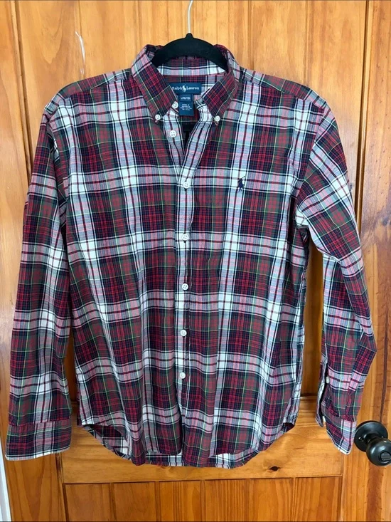 Ralph Lauren Red Blue Green Plaid Button-Down Shirt Large 16/18  Kids Cotton