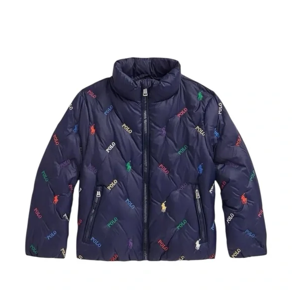 Polo Ralph Lauren Unisex Navy Blue Pony Logo Zip Down‎ Puffer Jacket Size 8-10
