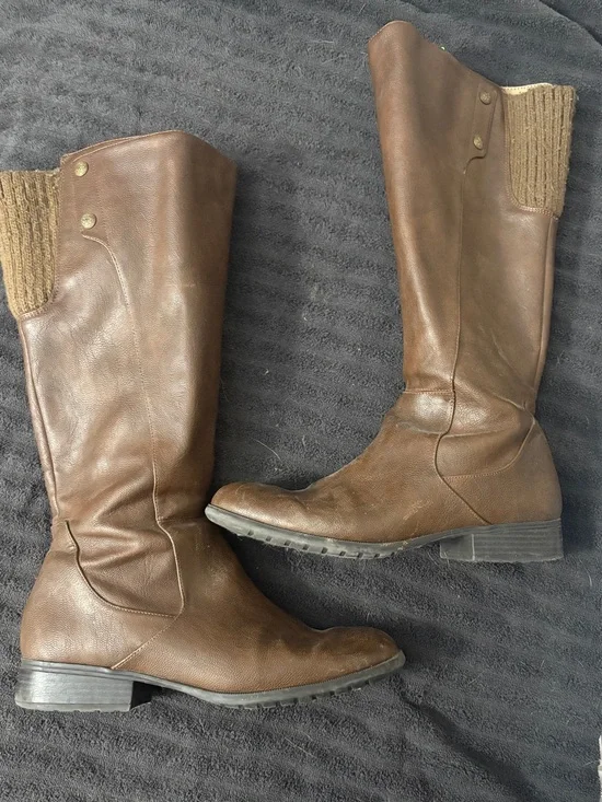 Life Stride Brown Over-the-Knee Leather Boots with Knit Back