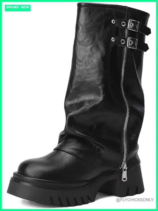 Fold Over Knee High Boots with Zipper Buckle Chunky Low Heel Platform Round Toe