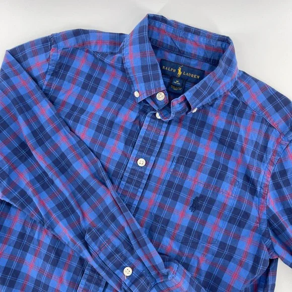 Ralph Lauren Plaid Button Down‎ Shirt Long Sleeve Cotton Blue Red Kids M