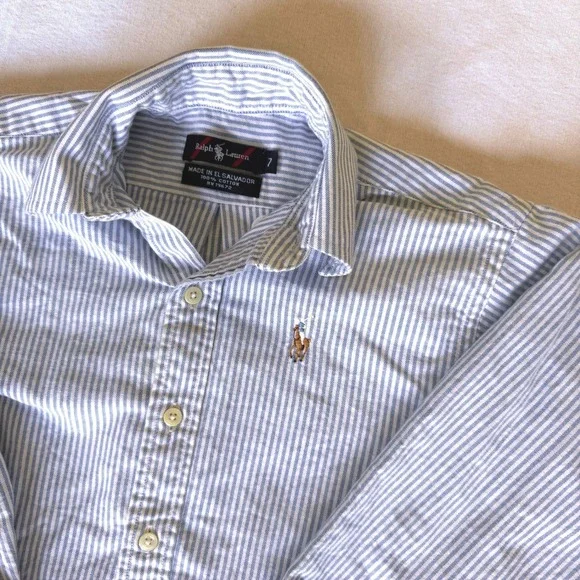 Ralph Lauren Boys Size 7 Blue White Striped‎ Oxford Shirt Pony Logo Button Down