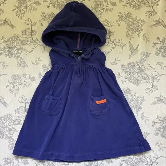 VTG Ralph Lauren Baby Girls Purple Hoodie 100% Cotton Dress 12-18 Month Pocket