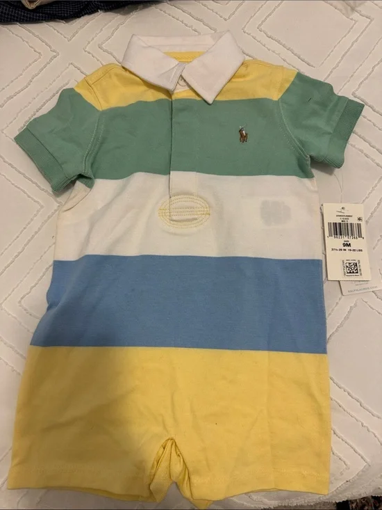 Ralph Lauren Striped Polo Shortall in Yellow, Green, Blue & White