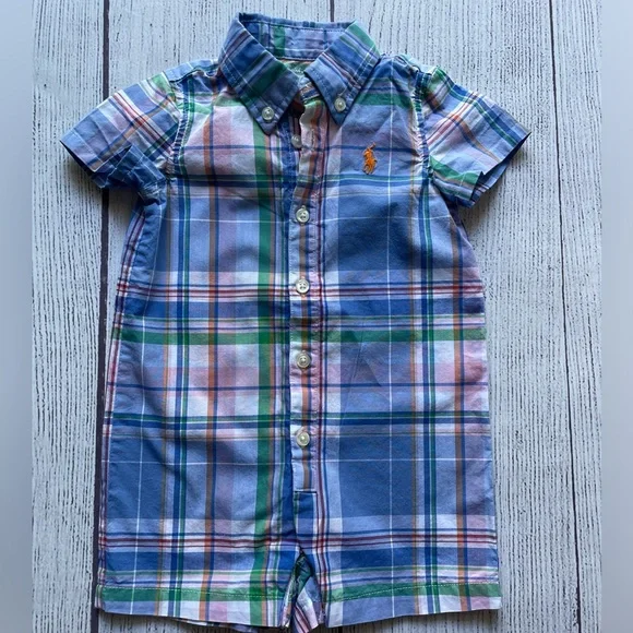 Ralph Lauren Blue Plaid Button Down Romper Size 3 months