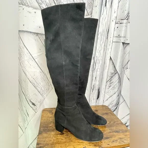 HALOGEN Scarlett Over The Knee Boots Black Suede Block Heel Back Slit 9.5