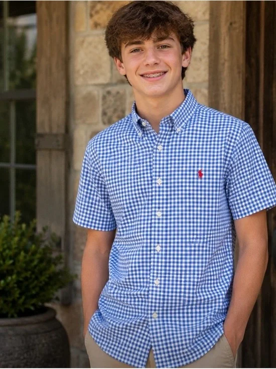 Ralph Lauren Blue and White Gingham Short-Sleeve Shirt. Boys size 18.
